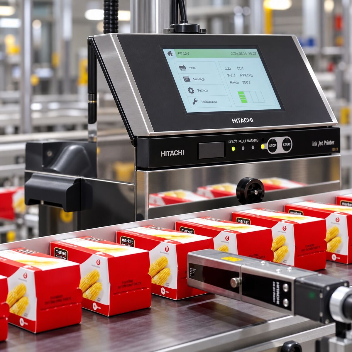 Impresora Hitachi codificando cajas en una línea de producción