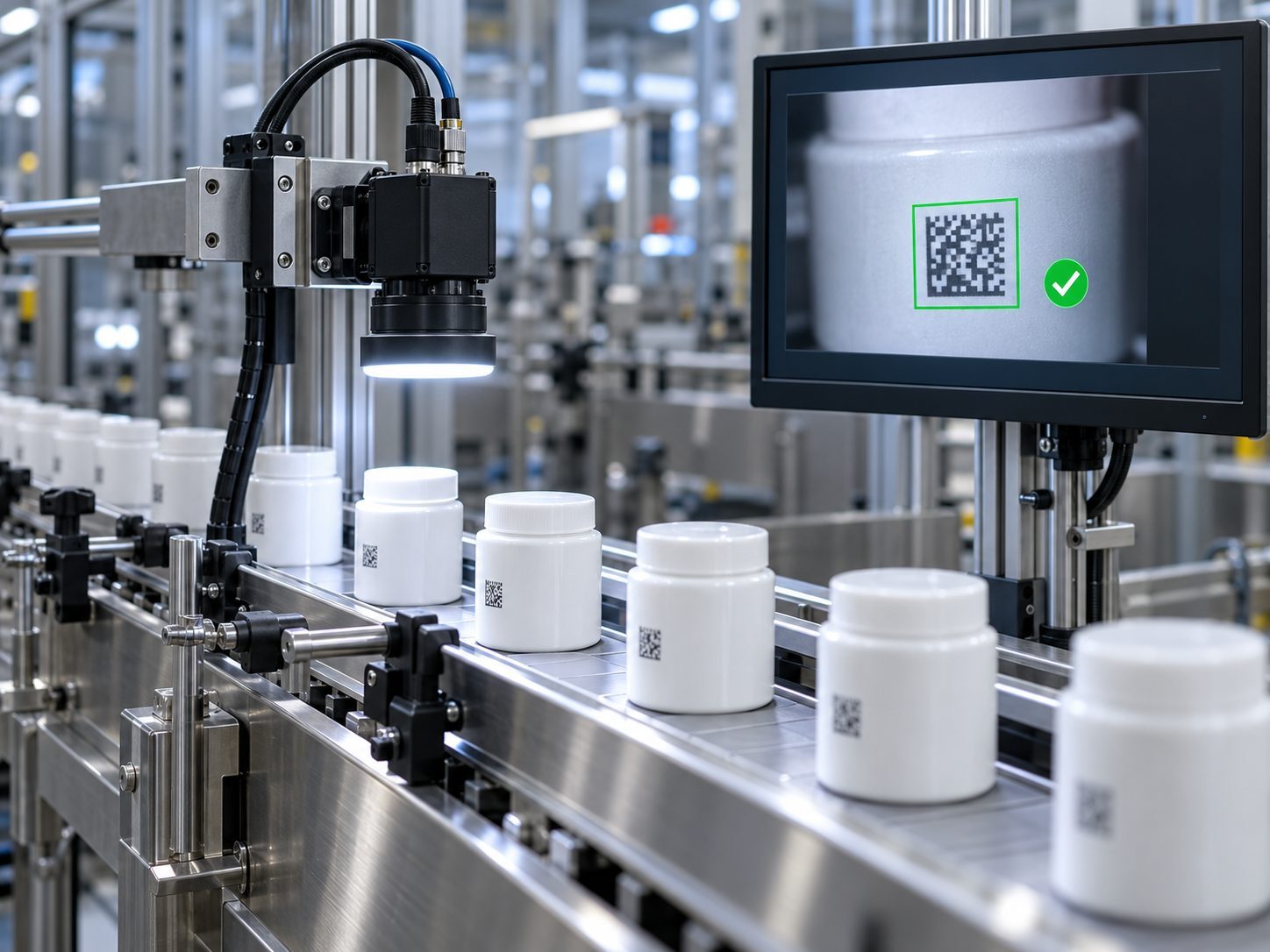 Cámara de inspección verificando códigos DataMatrix en una línea de envases